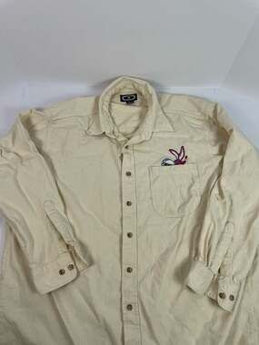 Vintage Energizer Bunny Embroidered Button Up Shirt Tan XL Made in USA